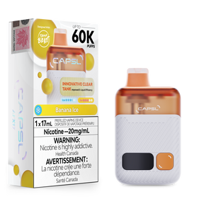 CAPSL 60K Banana Ice disposable vape featuring 60000 puffs and 20mg nicotine displayed with device and retail box.