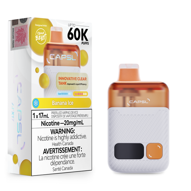 CAPSL 60K Banana Ice disposable vape featuring 60000 puffs and 20mg nicotine displayed with device and retail box.