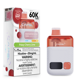 CAPSL 60K Frizzy Cherry Lime disposable vape offering 60000 puffs and 20mg nicotine shown with device and product box.