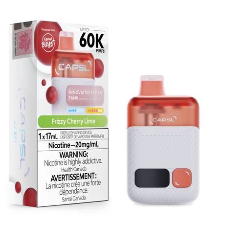 CAPSL 60K Frizzy Cherry Lime disposable vape offering 60000 puffs and 20mg nicotine shown with device and product box.