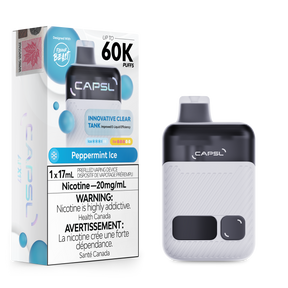 CAPSL 60K Peppermint Ice disposable vape featuring 60000 puffs and 20mg nicotine displayed with device and retail box.