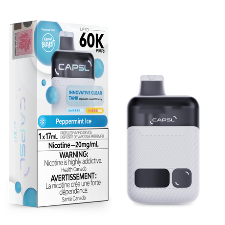 CAPSL 60K Peppermint Ice disposable vape featuring 60000 puffs and 20mg nicotine displayed with device and retail box.