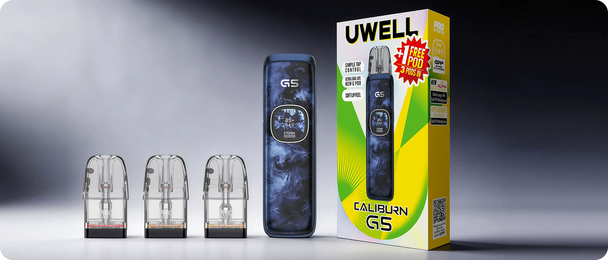 Uwell Caliburn G5 Pod Kit with 1600mAh battery, GPP Alpha pods, triple-tap control, and adjustable airflow