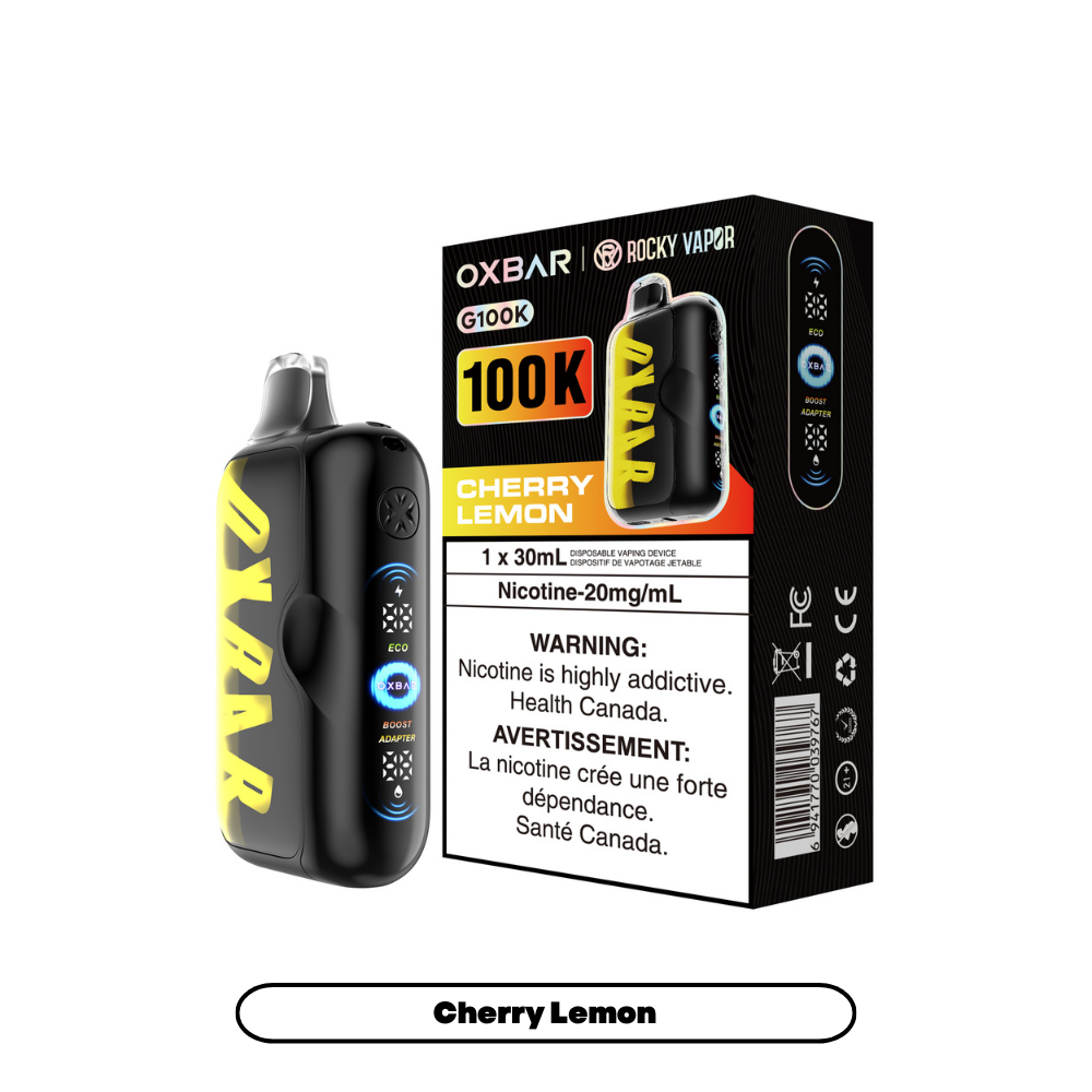 Cherry Lemon Oxbar Rocky Vapor G100K disposable vape, 100000 puffs, 20mg/mL nicotine, 30mL e-liquid, triple mode, dual mesh coil, LED screen
