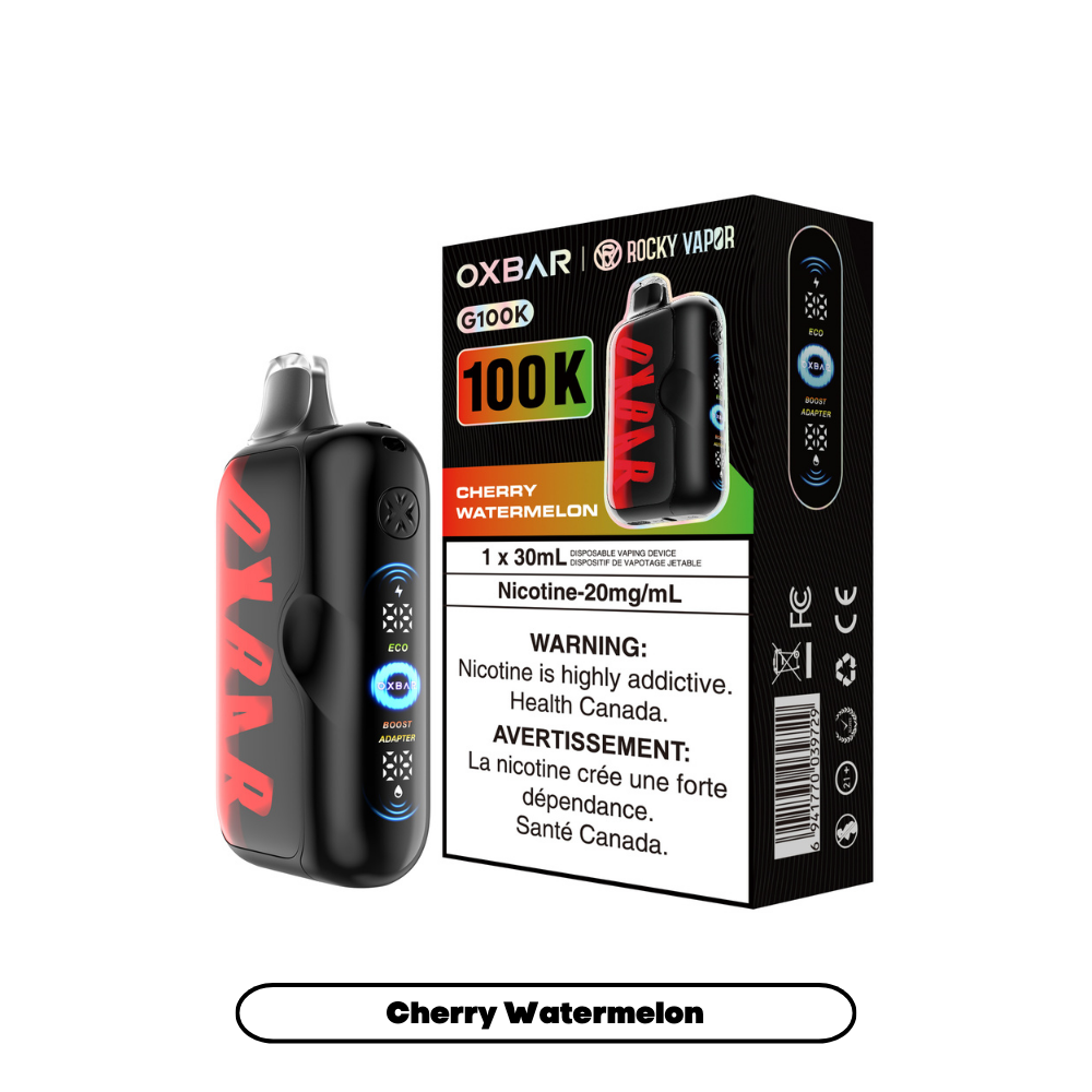 Cherry Watermelon Oxbar Rocky Vapor G100K disposable vape, 100000 puffs, 20mg/mL nicotine, 30mL e-liquid, triple mode, dual mesh coil, LED screen