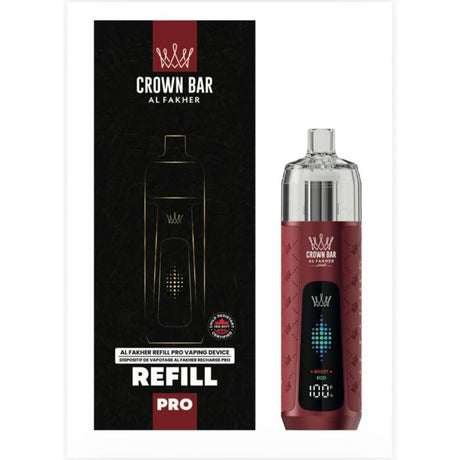Crimson red Al Fakher Refill Pro Device Kit refillable hookah vape with illuminated display, leather accents, and visible e-liquid window.