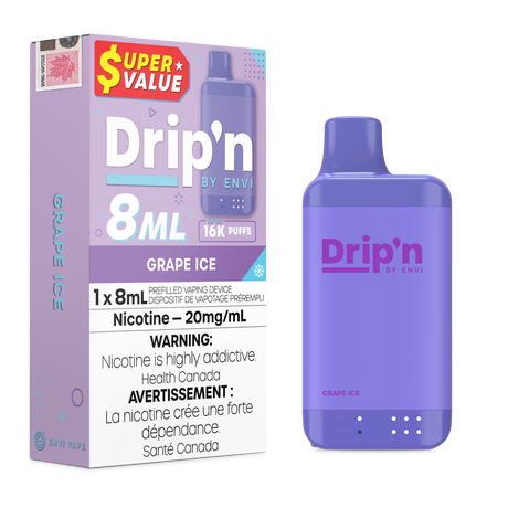 Grape Ice – Drip’n by Envi 16K puffs disposable vape - 20mg/ml nicotine strength - 8mL e-liquid