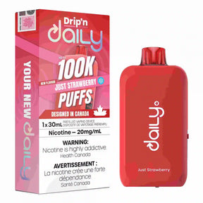 Just Strawberry Drip’n Daily 30mL Disposable Vape with strawberry flavour and 100,000 puffs