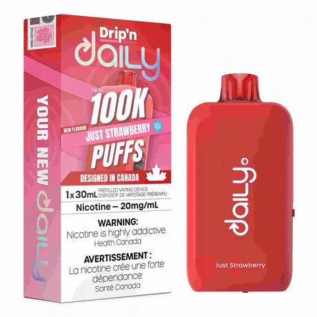 Just Strawberry Drip’n Daily 30mL Disposable Vape with strawberry flavour and 100,000 puffs