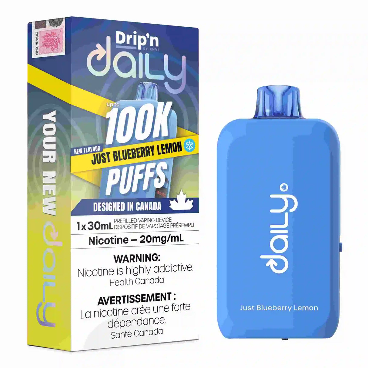 Just Blueberry Lemon Drip’n Daily 30mL Disposable Vape with 100,000 puffs and 20mg nicotine