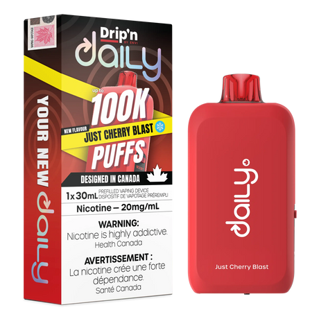Just Cherry Blast Drip’n Daily 30mL Disposable Vape with cherry flavour and 100,000 puffs