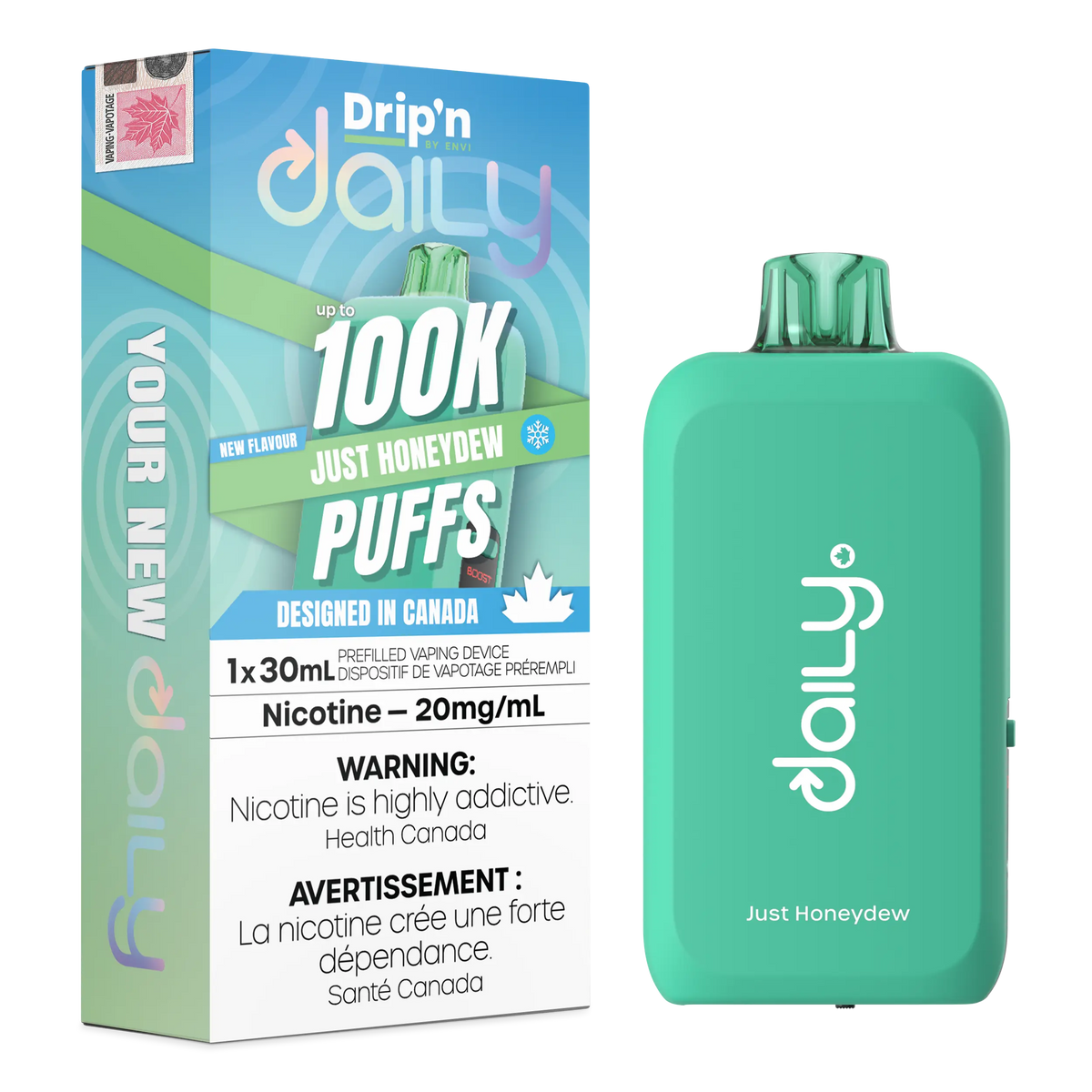 Just Honeydew Drip’n Daily 30mL Disposable Vape with honeydew flavour and 100,000 puffs