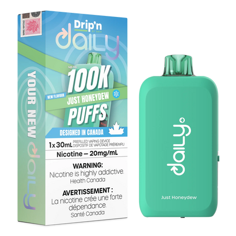 Just Honeydew Drip’n Daily 30mL Disposable Vape with honeydew flavour and 100,000 puffs