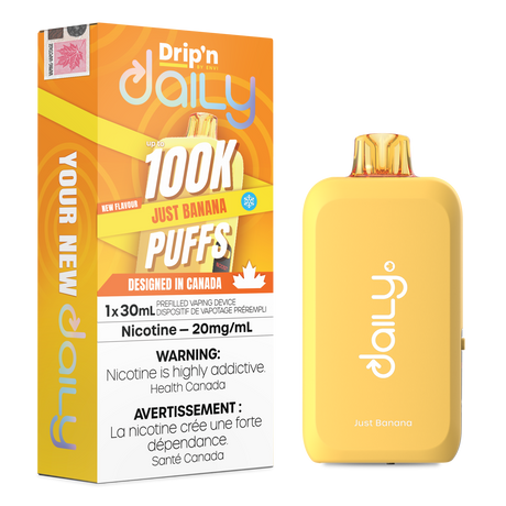 Drip’n Daily 30mL Disposable Just Banana disposable vape with 100,000 puffs and Eco Boost modes in Canada
