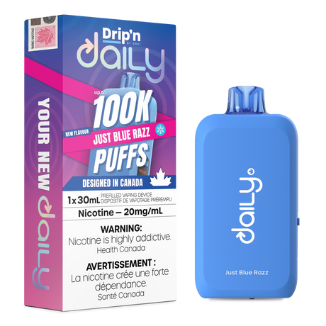 Drip’n Daily 30mL Disposable Just Blue Razz disposable vape with 100,000 puffs and dual mesh coil in Canada