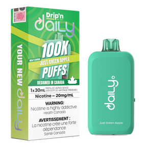 Drip’n Daily 30mL Disposable Just Green Apple disposable vape with 100,000 puffs and Eco Boost modes in Canada