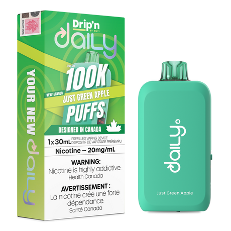 Drip’n Daily 30mL Disposable Just Green Apple disposable vape with 100,000 puffs and Eco Boost modes in Canada