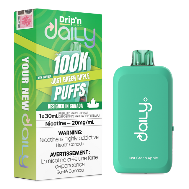 Drip’n Daily 30mL Disposable Just Green Apple disposable vape with 100,000 puffs and Eco Boost modes in Canada