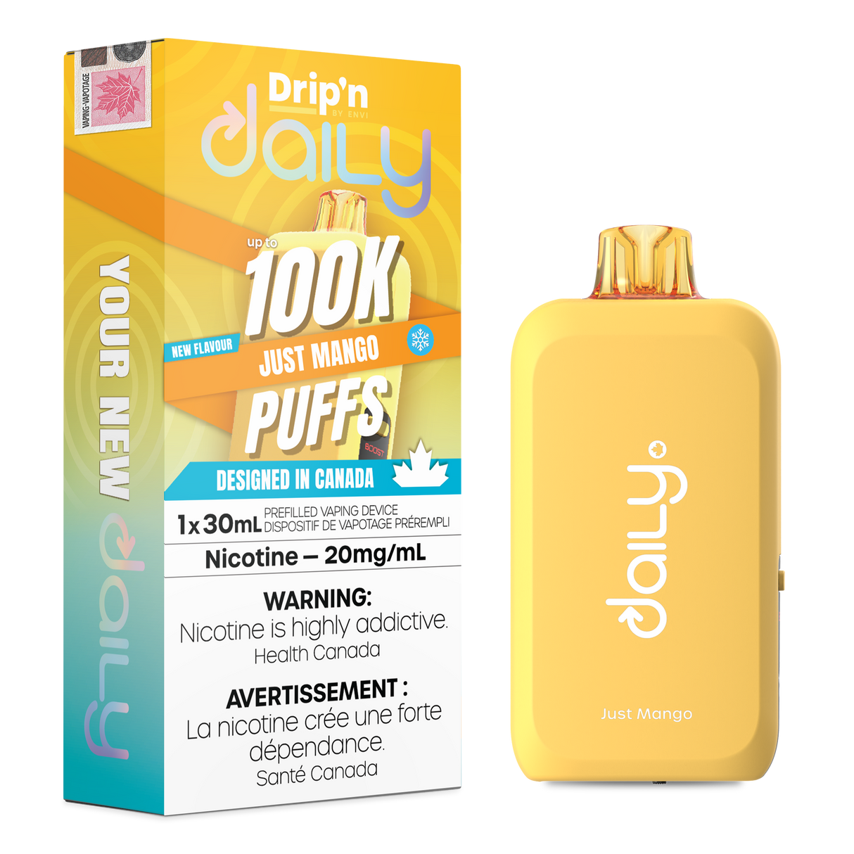 Drip’n Daily 30mL Disposable Just Mango disposable vape with 100,000 puffs and dual mesh coil in Canada