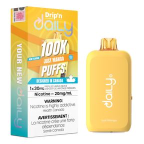 Drip’n Daily 30mL Disposable Just Mango disposable vape with 100,000 puffs and dual mesh coil in Canada