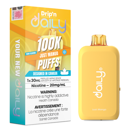 Drip’n Daily 30mL Disposable Just Mango disposable vape with 100,000 puffs and dual mesh coil in Canada