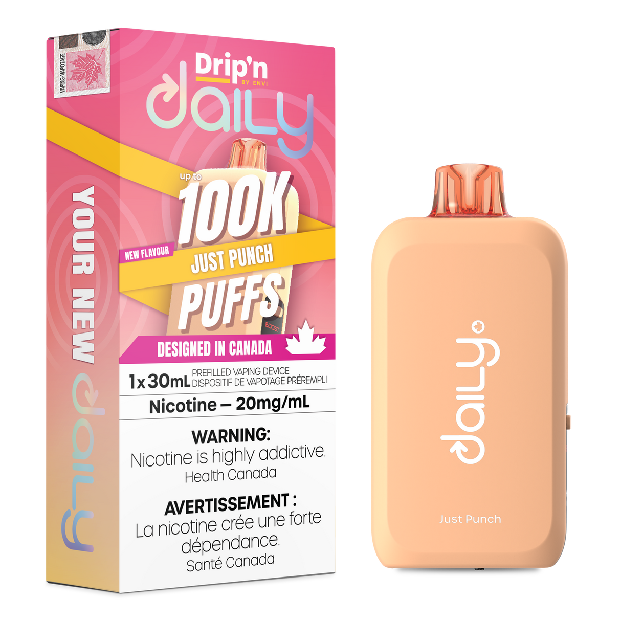 Drip’n Daily 30mL Disposable Just Punch disposable vape with 100,000 puffs and Eco Boost modes in Canada