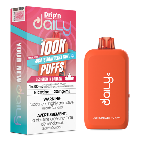 Drip’n Daily 30mL Disposable Just Strawberry Kiwi disposable vape with 100,000 puffs and dual mesh coil in Canada