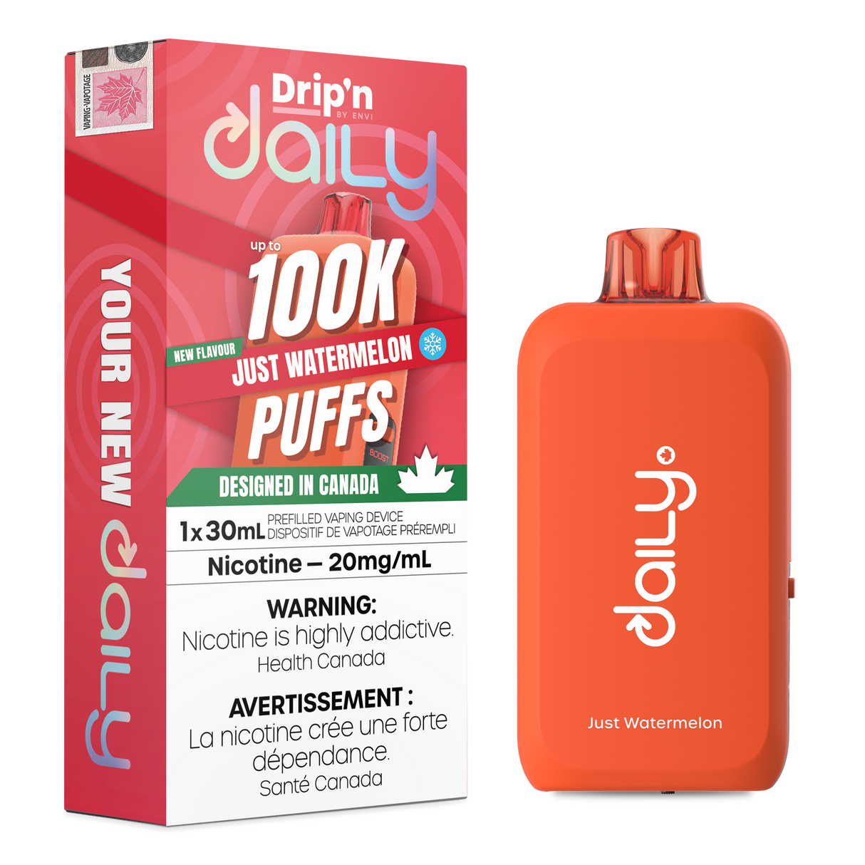 Drip’n Daily 30mL Disposable Just Watermelon disposable vape with 100,000 puffs and Eco Boost modes in Canada