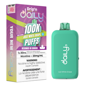 Drip’n Daily 30mL Disposable Just White Grape disposable vape with 100,000 puffs and dual mesh coil in Canada