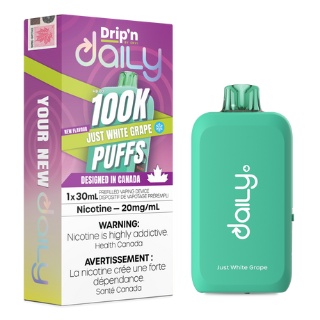 Drip’n Daily 30mL Disposable Just White Grape disposable vape with 100,000 puffs and dual mesh coil in Canada