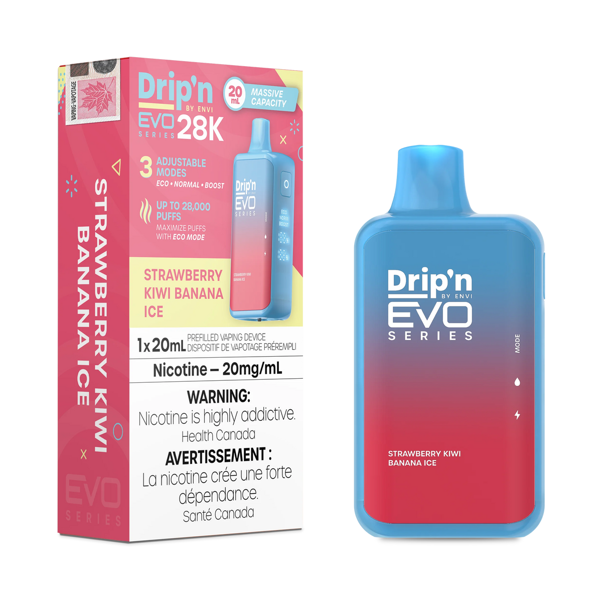 Strawberry Kiwi Banana Ice Drip'n EVO Series 28K Disposable Vape showcasing a fruity blend with a refreshing minty finish.