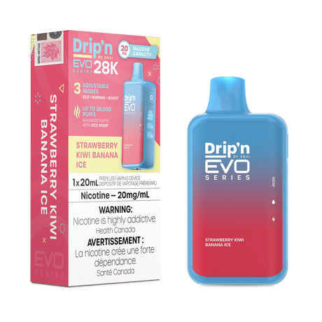 Strawberry Kiwi Banana Ice Drip'n EVO Series 28K Disposable Vape showcasing a fruity blend with a refreshing minty finish.