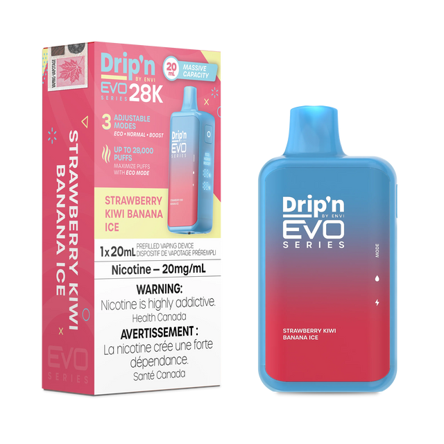 Strawberry Kiwi Banana Ice Drip'n EVO Series 28K Disposable Vape showcasing a fruity blend with a refreshing minty finish.