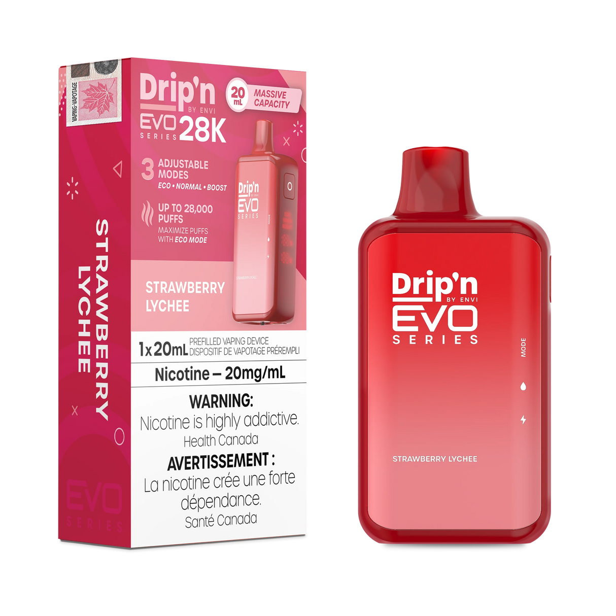 Strawberry Lychee Drip'n EVO Series 28K Disposable Vape showcasing a vibrant mix of strawberry and exotic lychee flavors.