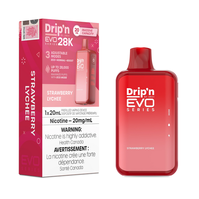 Strawberry Lychee Drip'n EVO Series 28K Disposable Vape showcasing a vibrant mix of strawberry and exotic lychee flavors.