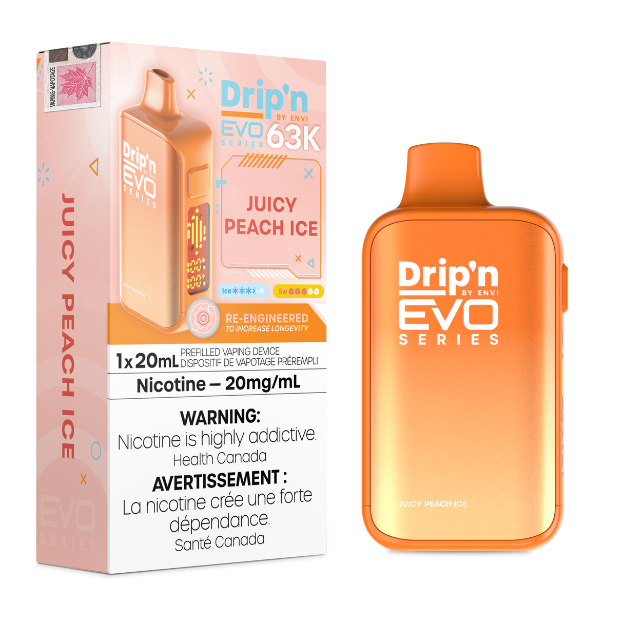 Drip’n by Envi EVO 63,000 puffs disposable vape Juicy Peach Ice 20mL E-liquid - Nicotine Strength 20mg/mL