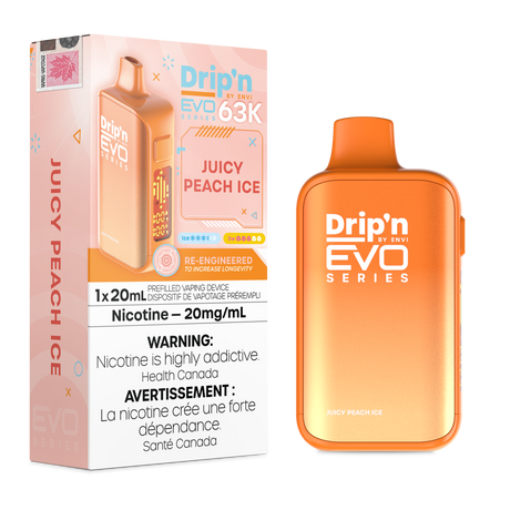 Drip’n by Envi EVO 63,000 puffs disposable vape Juicy Peach Ice 20mL E-liquid - Nicotine Strength 20mg/mL