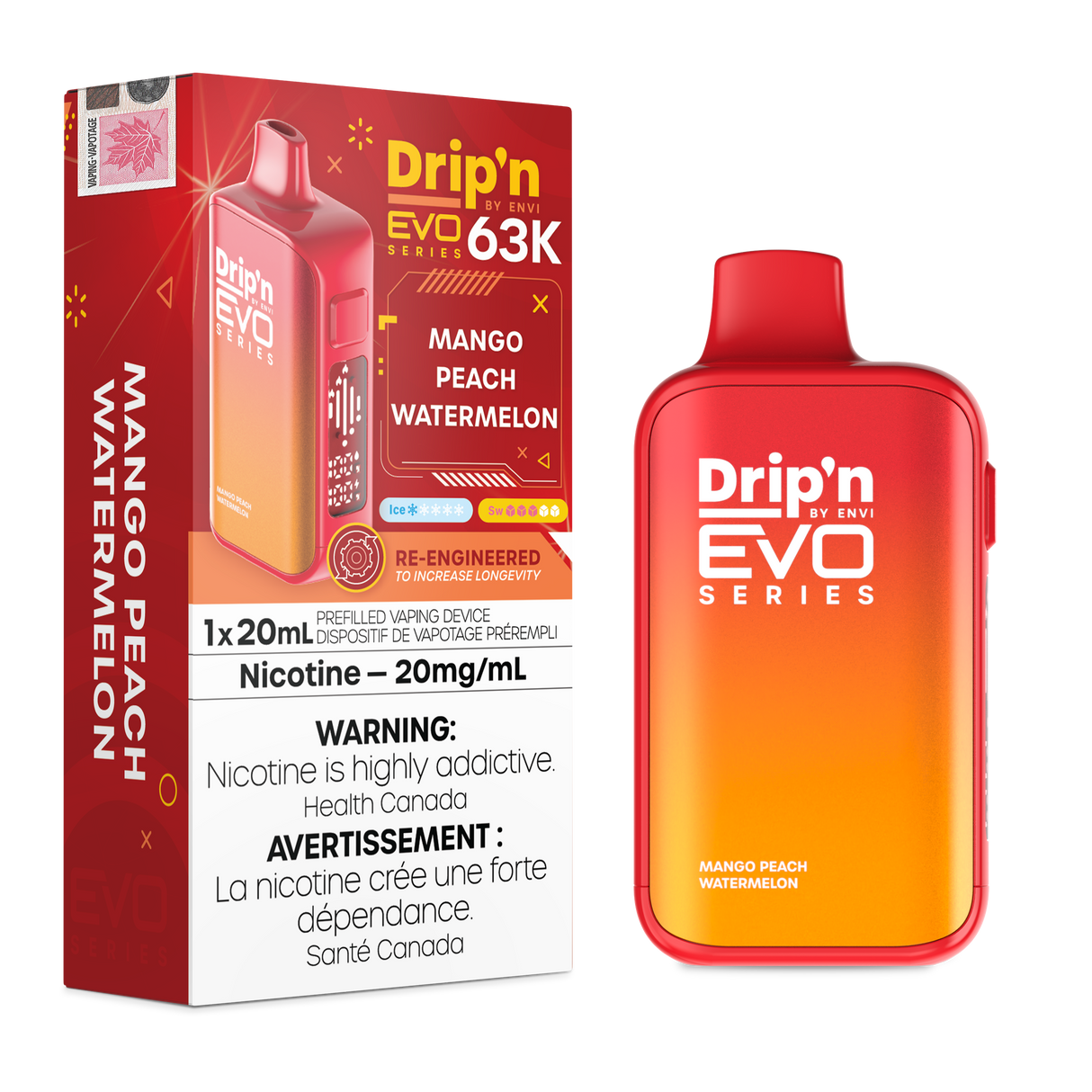 Drip’n by Envi EVO 63,000 puffs disposable vape Mango Peach Watermelon  20mL E-liquid - Nicotine Strength 20mg/mL