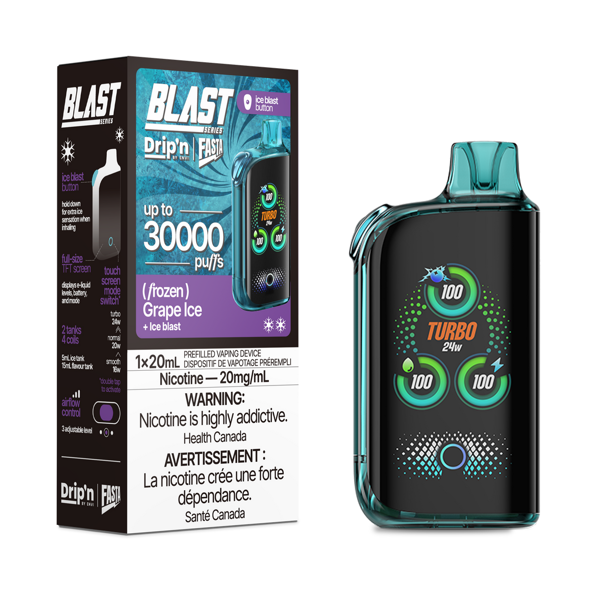 Drip'n By Envi FASTA Blast Series 30K Disposable Vapes - Grape Ice Flavor