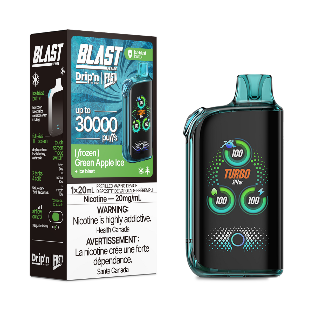 Drip'n By Envi FASTA Blast Series 30K Disposable Vapes - Green Apple Ice Flavor