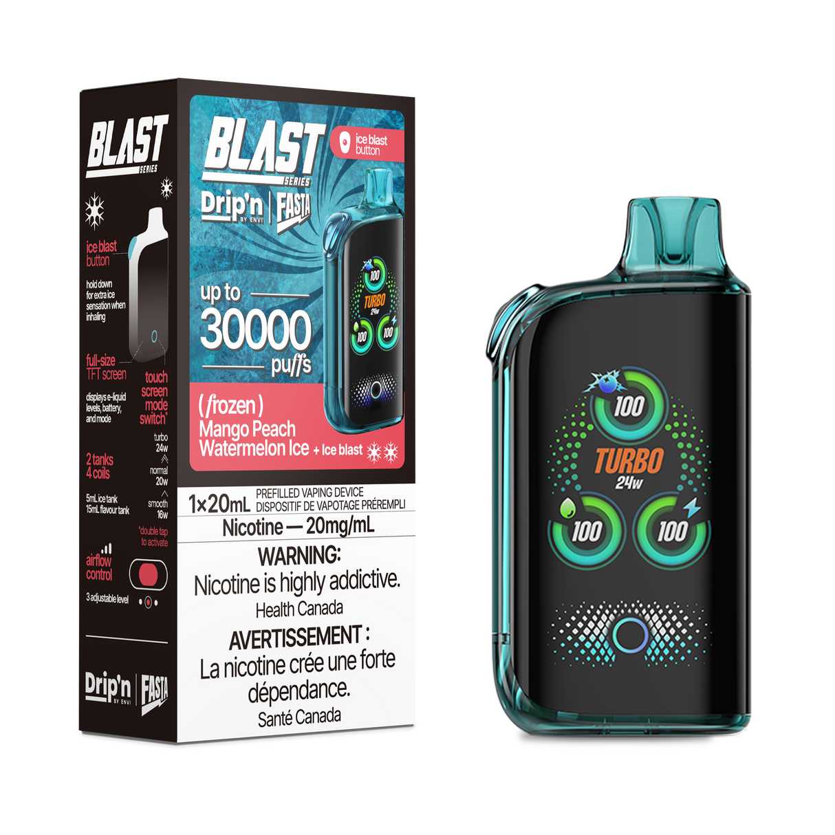 Drip'n By Envi FASTA Blast Series 30K Disposable Vapes - Mango Peach Watermelon Ice Flavor