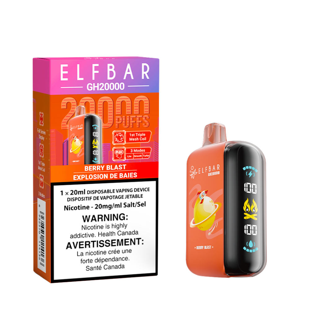 Elf Bar GH20000 Disposable Vape - Berry Blast Flavour - 20mg/ml nicotine strength, 20ml e-liquid capacity.