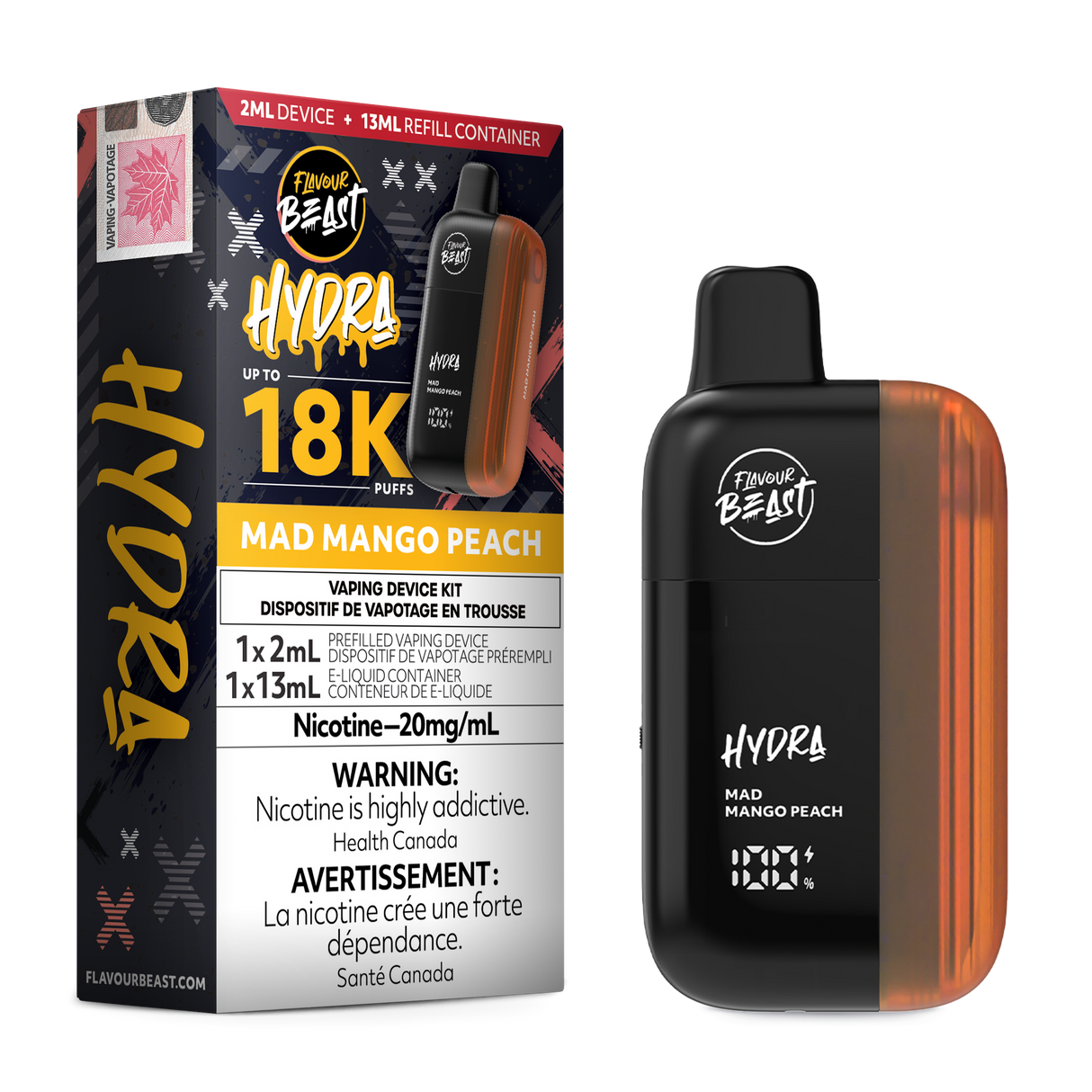 HYDRA by Flavour Beast Mad Mango Peach Disposable Vape with Tropical Fruit Flavors 18k.