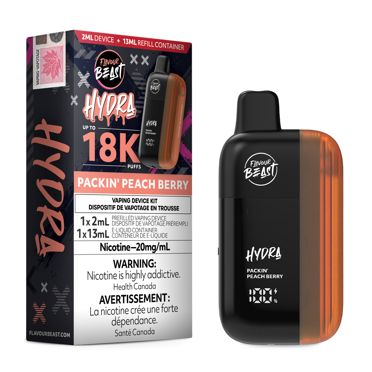 HYDRA by Flavour Beast Packin' Peach Berry Disposable Vape with Peach and Berry Flavours 18k puffs.