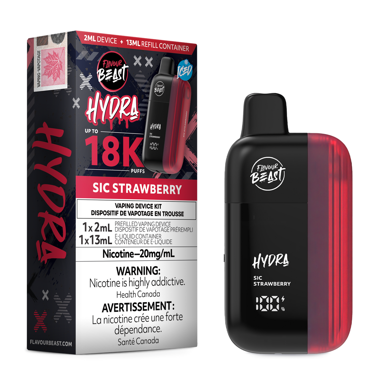 HYDRA by Flavour Beast Sic Strawberry Disposable Vape with Fresh Strawberry Flavour 18k puffs.