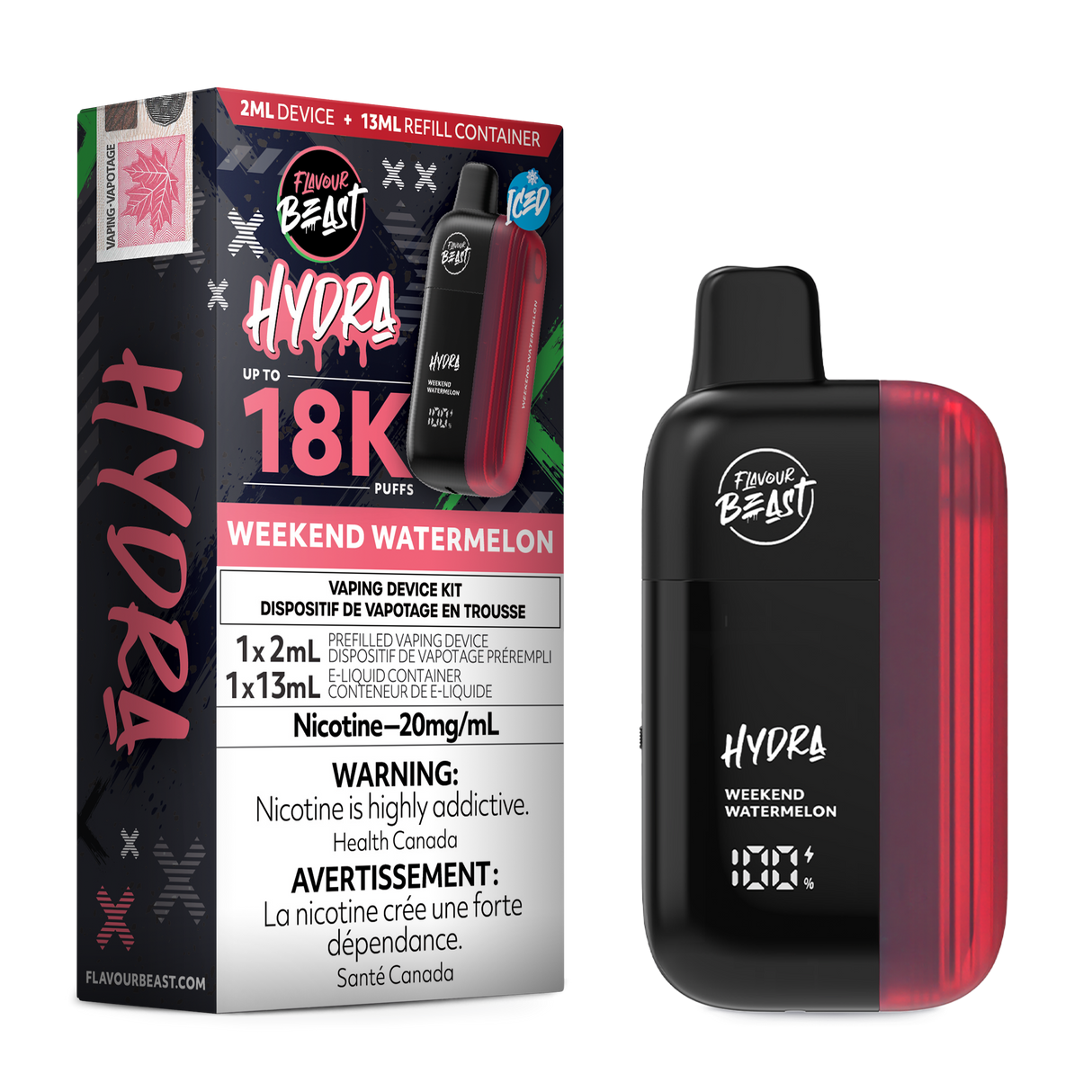 HYDRA by Flavour Beast Weekend Watermelon Disposable Vape with Fresh Watermelon Flavour 18k puffs.