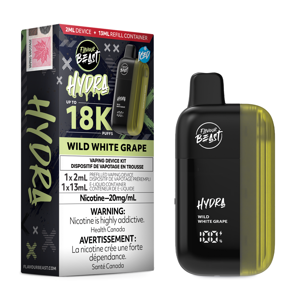 HYDRA by Flavour Beast Wild White Grape Disposable Vape with Fresh White Grape Flavour 18k puffs.