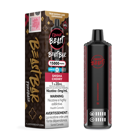 Shisha Cherry - Flavour Beast Beast Bar Disposable Vape, 15,000 puffs, 20mg/ml nicotine strength, 20ml e-liquid capacity.