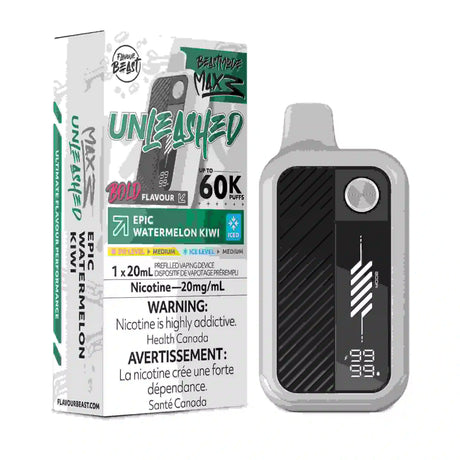 Epic Watermelon Kiwi in Flavour Beast Mode Max 3 blends juicy watermelon and tangy kiwi with Flavour Burst, 20mL, smart display, airflow, 60,000 puffs.