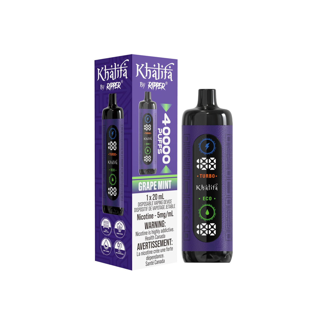 Khalifa Bar by Ripper Grape Mint flavour - premium hookah vape with 40,000 puffs, blending juicy grape and refreshing mint for a revitalizing experience.